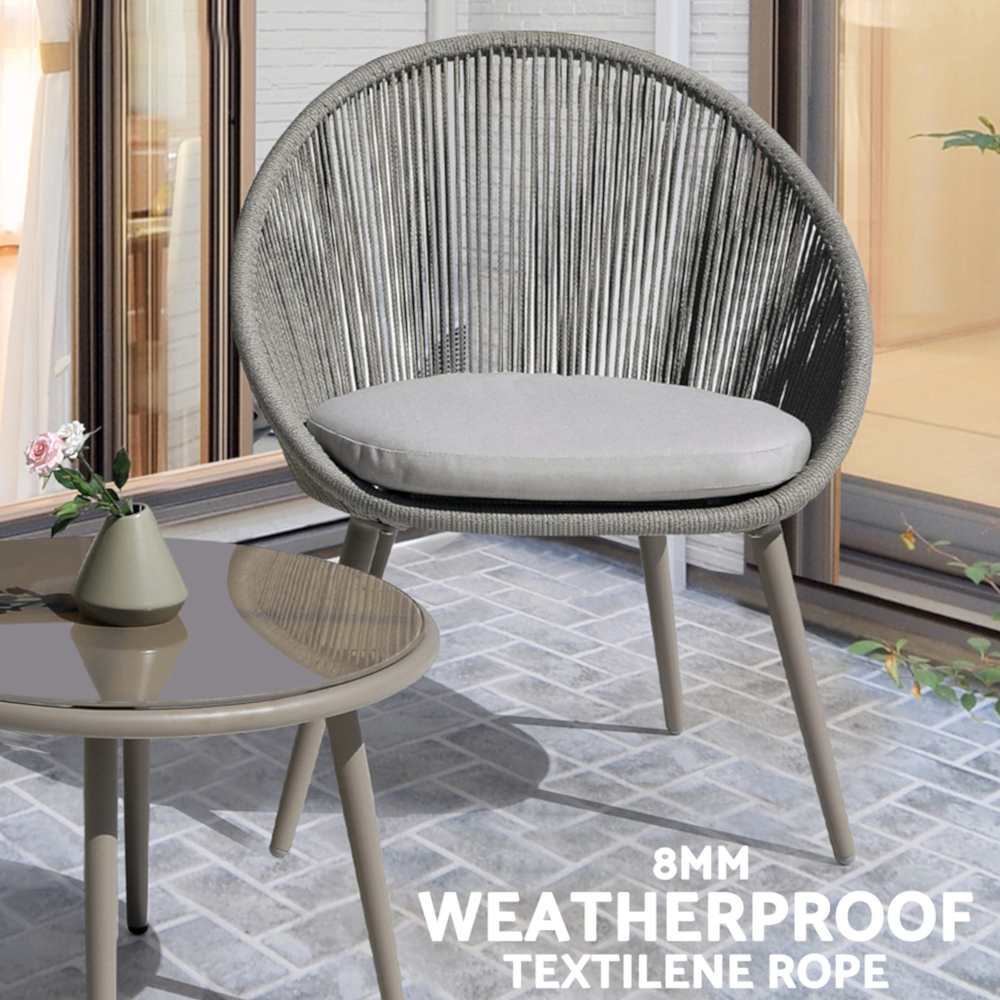Dellonda DG55 Como 3 Piece Outdoor Garden Patio Steel Bistro Chair and Table Set with Tempered Glass Top, Grey