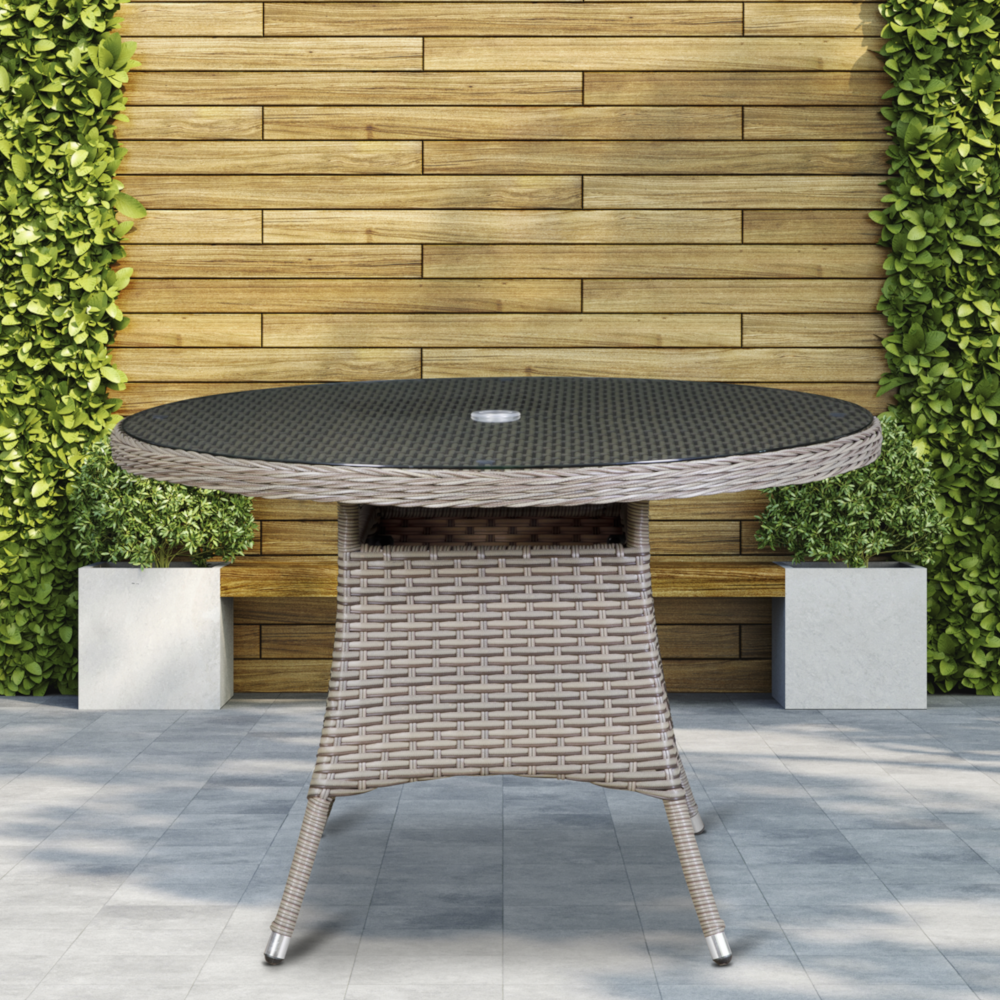Dellonda DG66 Chester Rattan Wicker Round Outdoor Garden Patio Dining Bistro Table with Tempered Glass Top, 110cm, Brown