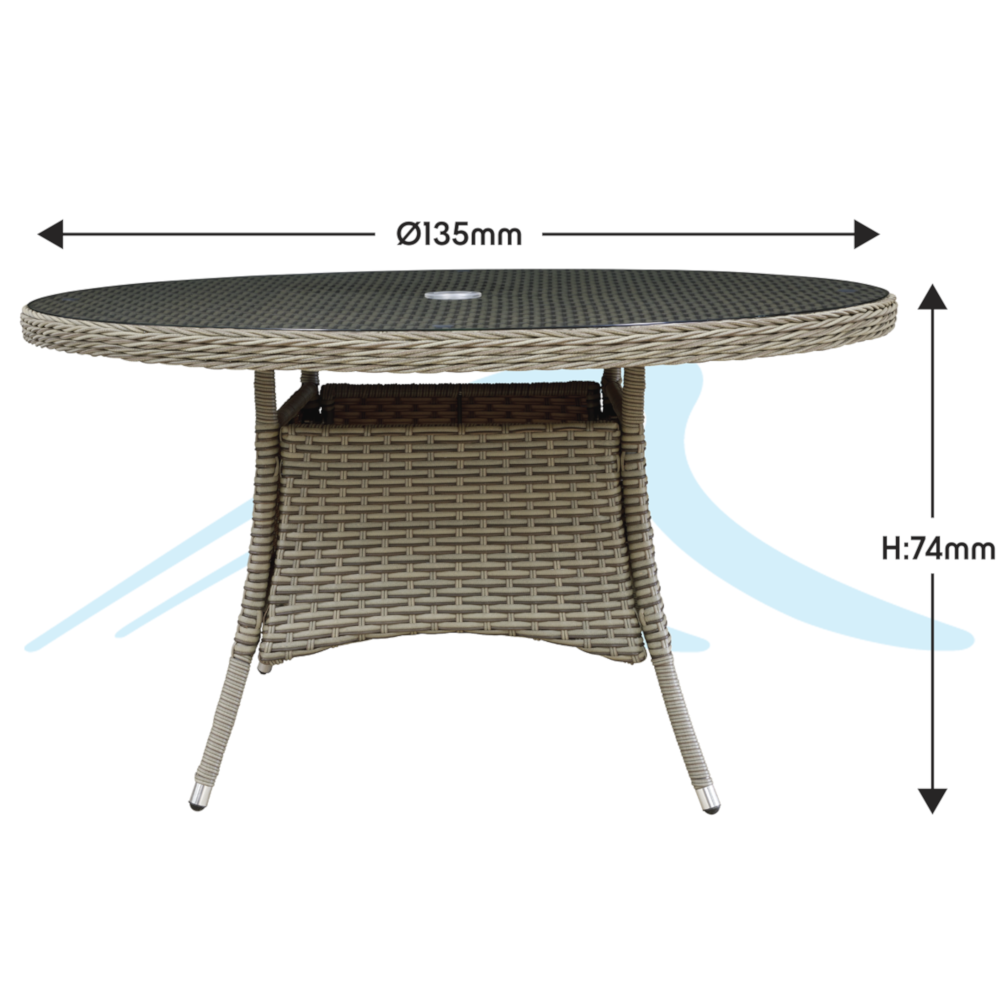 Dellonda DG67 Chester Rattan Wicker Round Outdoor Garden Patio Dining Bistro Table with Tempered Glass Top, 135cm, Brown