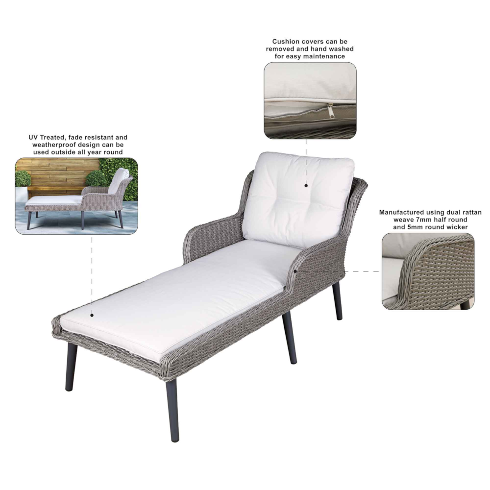 Dellonda DG74 Buxton Rattan Wicker Outdoor Garden Patio Sun Lounger Seat with Armrests, Light Grey