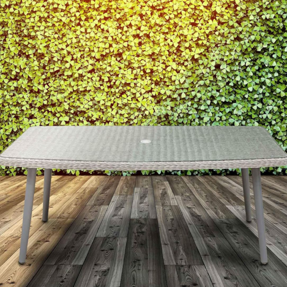 Dellonda DG78 Buxton Rattan Wicker Rectangular Outdoor Garden Patio Dining Table with Tempered Glass Top, 180cm, Grey
