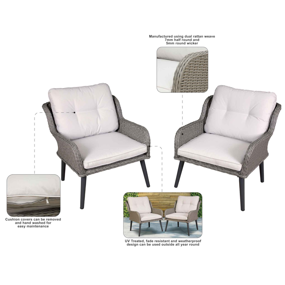 Dellonda DG79 Buxton Rattan Wicker Outdoor Garden Patio Dining Chairs Seats with Cushions, Set of 2, Grey