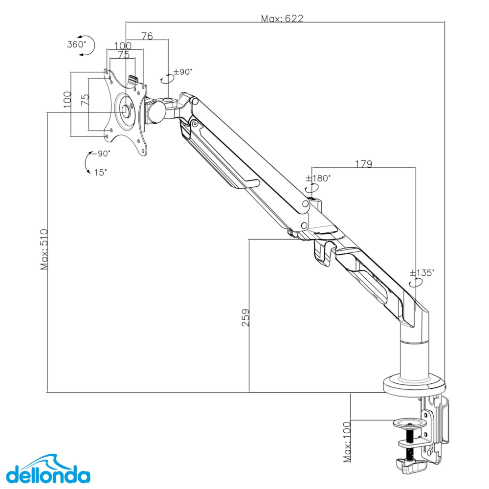Dellonda DH26 Single Monitor Adjustable Bracket Arm with 360° Rotation, 17"-36" Screens, 12kg Capacity, White