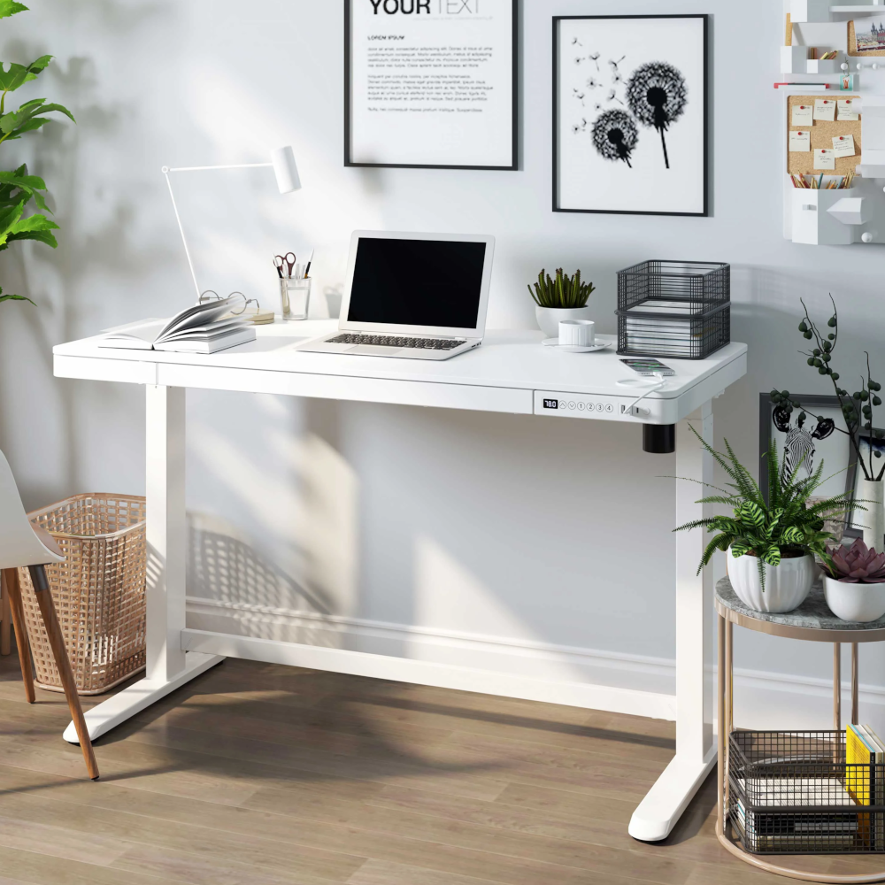 Dellonda DH54 Single Motor Height Adjustable Electric Sit and Stand Computer Desk with Digital Controls, USB Ports and Drawer, 120 x 60cm, 50kg Capacity, White