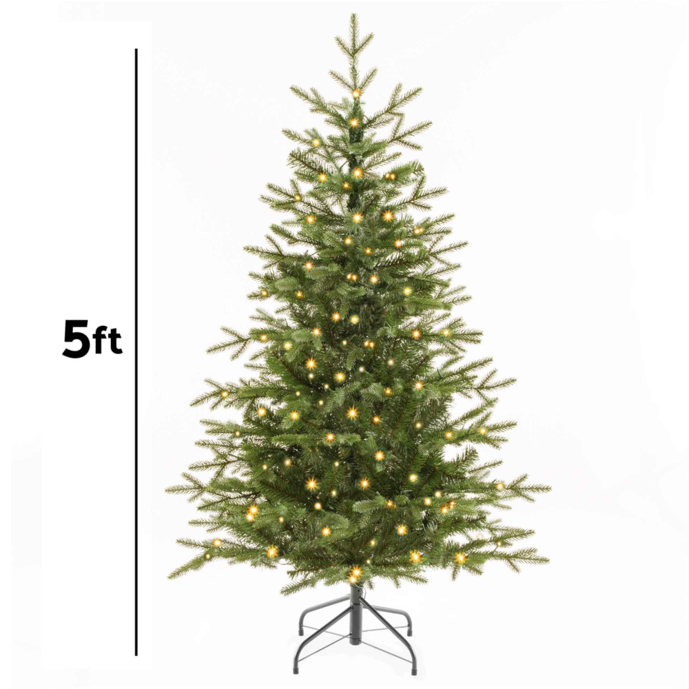 Dellonda DH80 Pre-Lit Artificial Hinged Bushy Christmas Tree, 5ft/150cm, with 190 LED Lights, 772 PE/PVC Mix Tips, Green