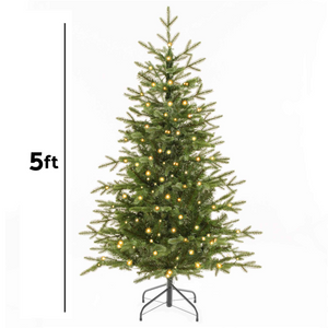 Dellonda DH80 Pre-Lit Artificial Hinged Bushy Christmas Tree, 5ft/150cm, with 190 LED Lights, 772 PE/PVC Mix Tips, Green