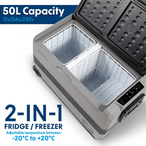 Dellonda DL14 Dual Zone Portable Car Food Fridge, Fridge, Cooler Box with Digital Display, 50 Litre Capacity, 12/24V, Grey