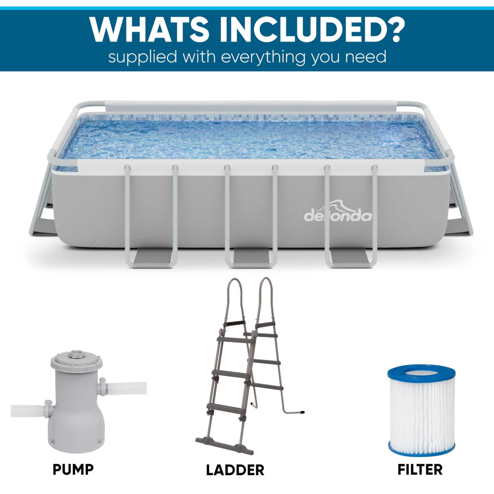 Dellonda DL21 DL22 Deluxe Steel Frame Rectangular Swimming Paddling Pool with Filter Pump, Grey