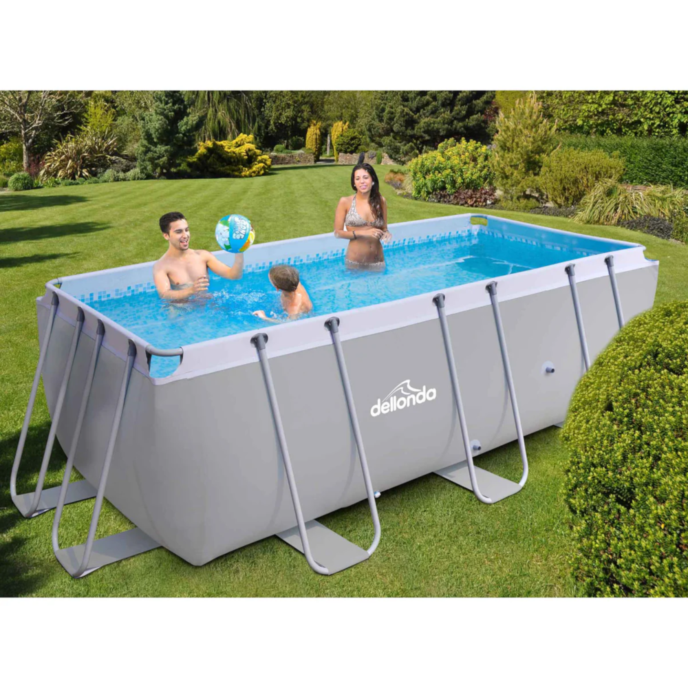 Dellonda DL21 Deluxe Steel Frame Rectangular Swimming Paddling Pool with Filter Pump, 13ft, Grey