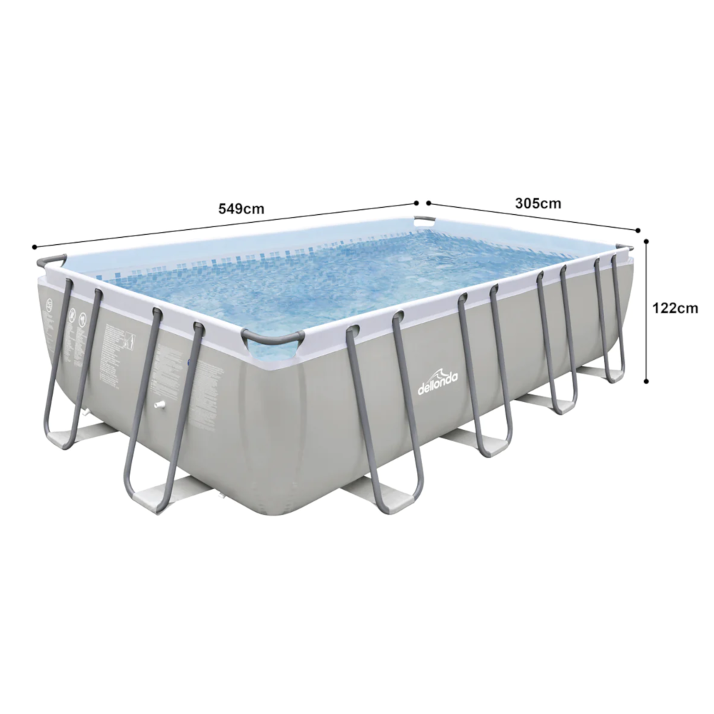 Dellonda DL22 Deluxe Steel Frame Rectangular Swimming Paddling Pool with Filter Pump, 18ft, Grey