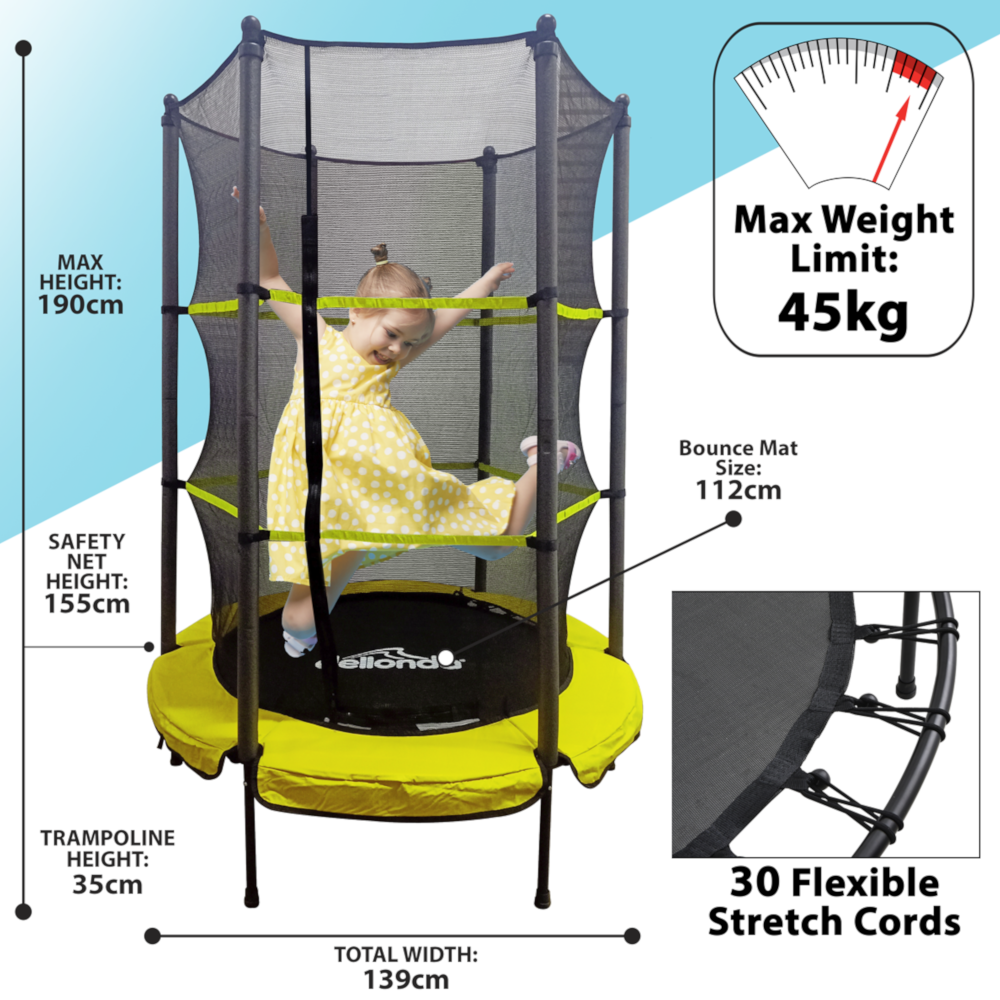 Dellonda DL65 Mini Kids Child Indoor Outdoor Bouncer Trampoline with Safety Enclosure Net, 5ft, Yellow