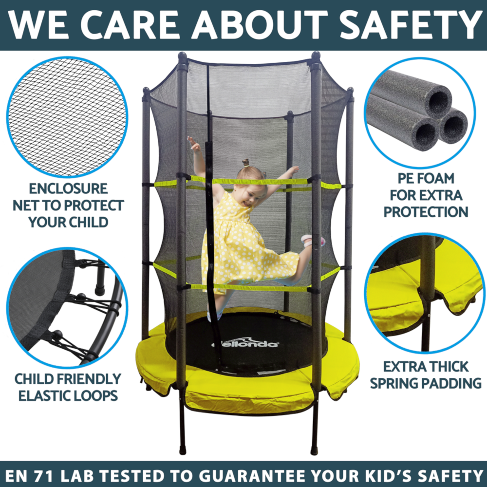 Dellonda DL65 Mini Kids Child Indoor Outdoor Bouncer Trampoline with Safety Enclosure Net, 5ft, Yellow