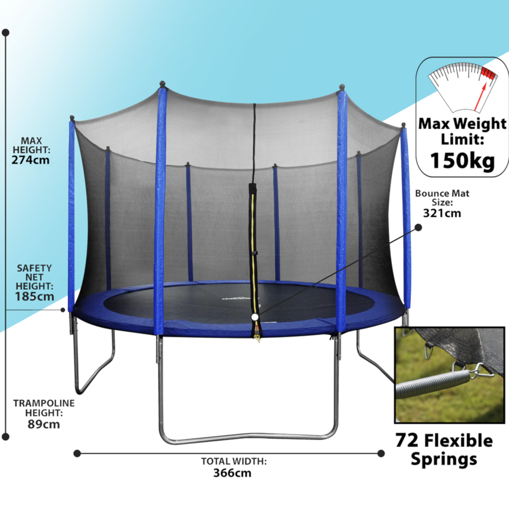 Dellonda DL69 Heavy Duty Kids Child Outdoor Bouncer Trampoline 12ft with Safety Enclosure Net, Blue