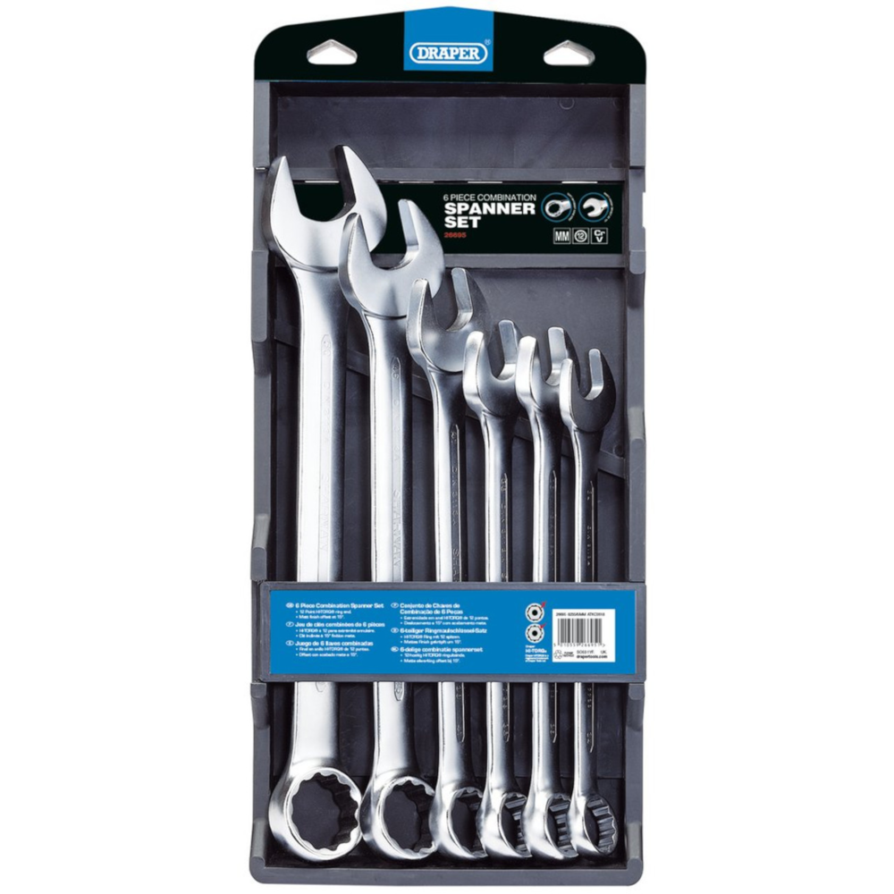 Draper 26695 6 Piece Hi-Torq Chrome Vanadium Steel Metric Combination Wrench Spanner Tool Set
