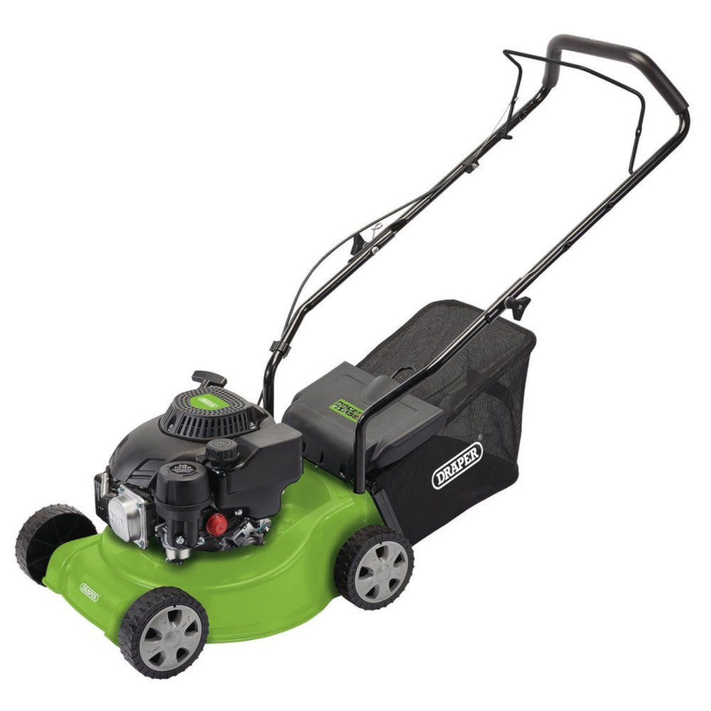Draper 58567 Hand Propelled Petrol Lawn Mower Grass Cutter, 390mm Cutting Width, 4 Stroke, 132cc