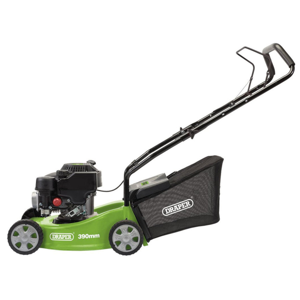 Draper 58567 Hand Propelled Petrol Lawn Mower Grass Cutter, 390mm Cutting Width, 4 Stroke, 132cc