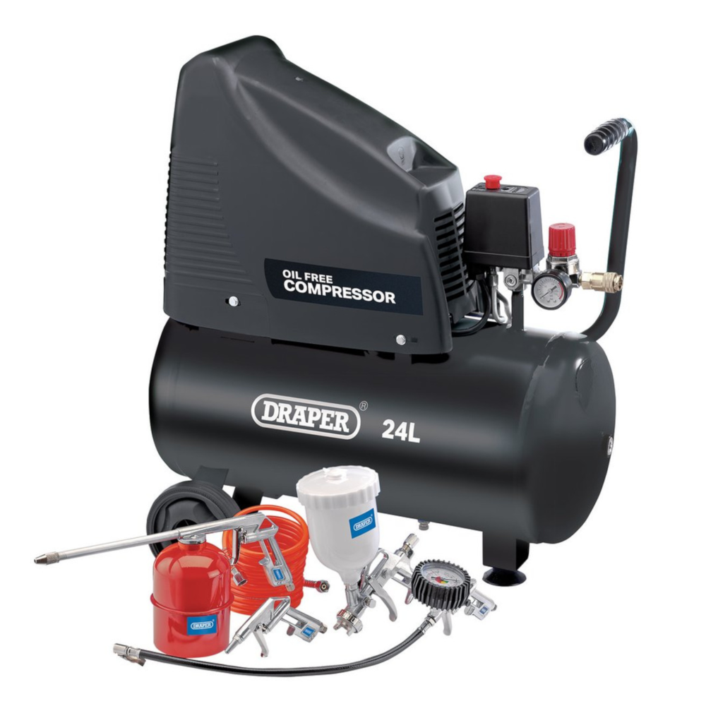 Draper 90126 Oil-Free Air Compressor with Air Tool Kit, 24 Litre, 1.5hp 1.1kW 230V