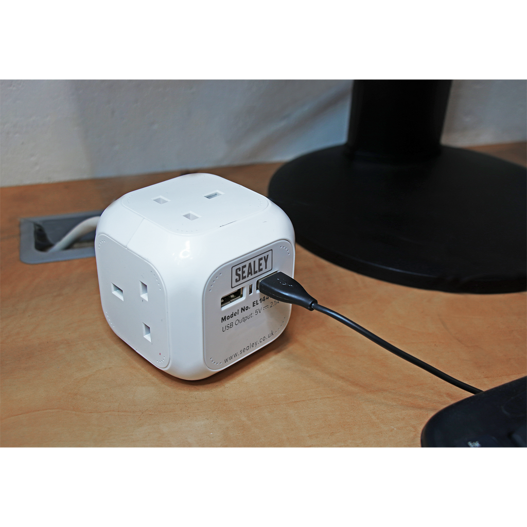 1.4m Extension Cable Cube 4 x 230V & 2 x USB - White