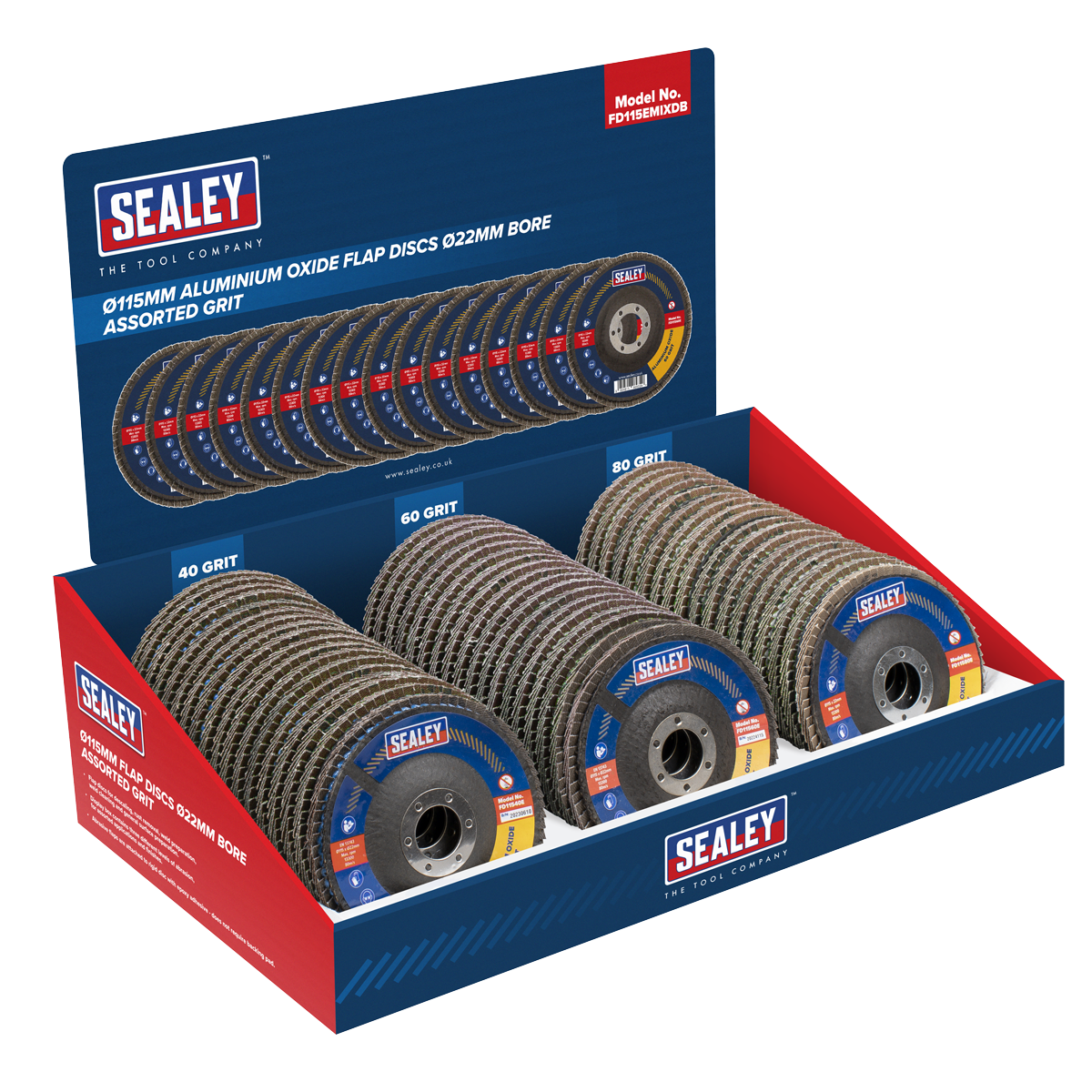 115mm Aluminium Oxide Flap Discs Assorted Grit, 22mm Bore, Display Box of 60
