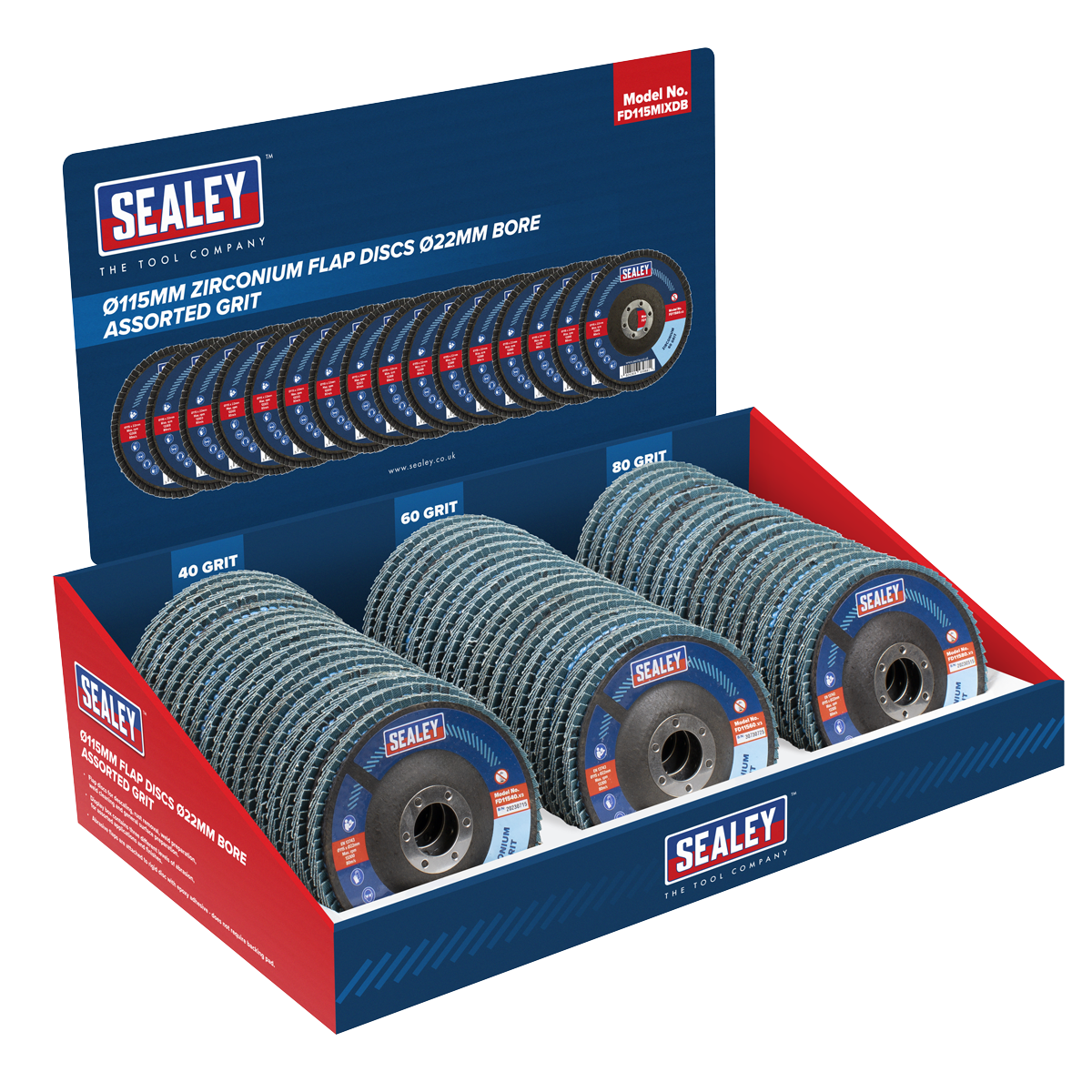 Assorted Grit Flap Discs Zirconium Ø115mm Ø22mm Bore - Display Box of 60