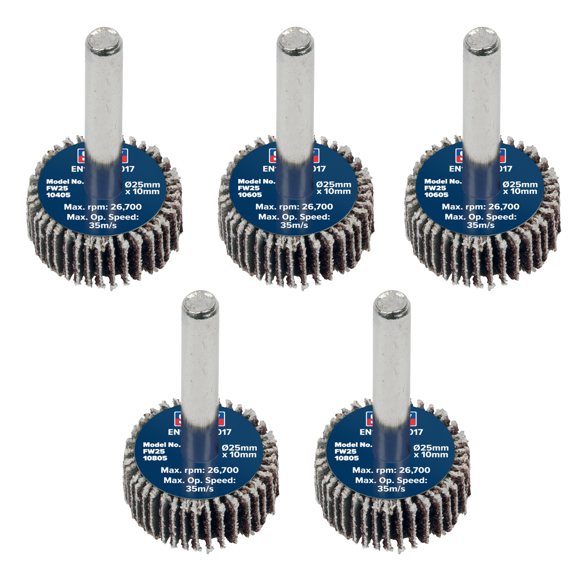 25 x 10mm Abrasive Flap Wheel with 6mm Shaft Assorted Grit - Pack of 5