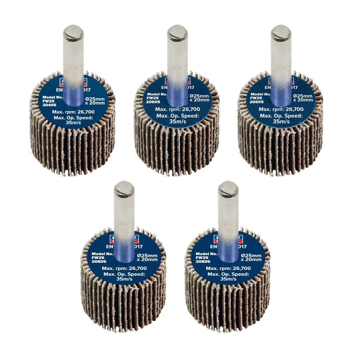 25 x 20mm Abrasive Flap Wheel with 6mm Shaft Assorted Grit - Pack of 5