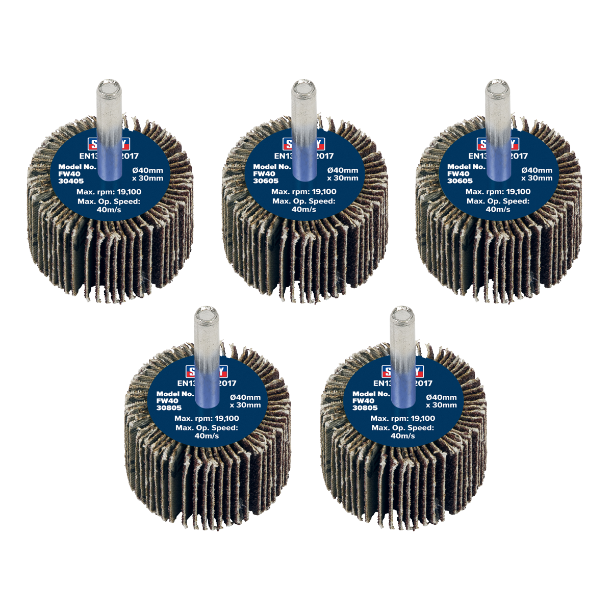 40 x 30mm Abrasive Flap Wheel with 6mm Shaft Assorted Grit - Pack of 5