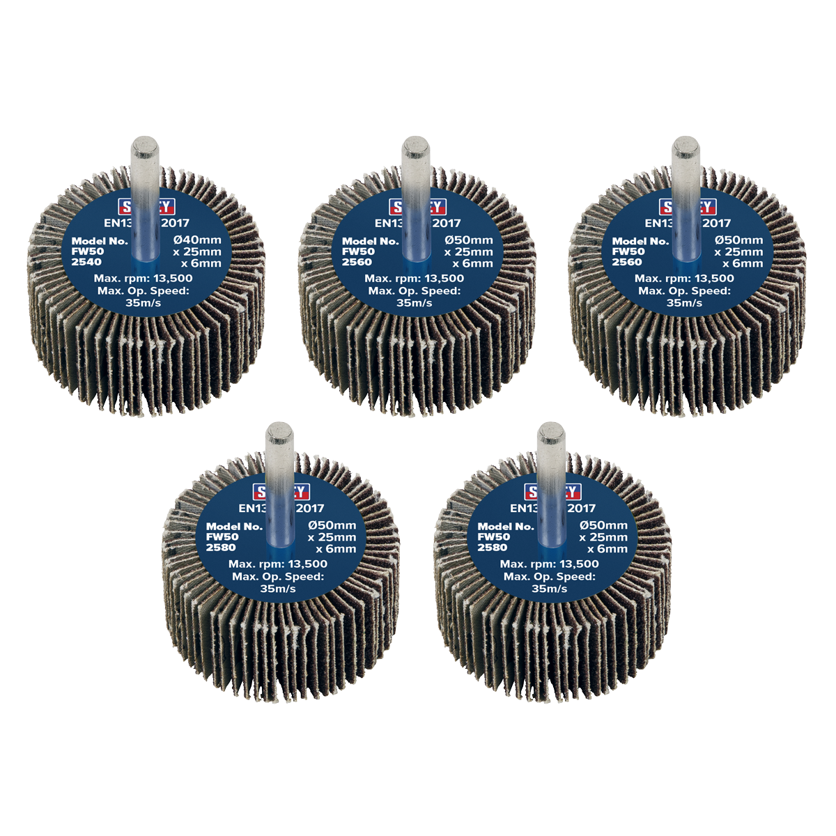 50 x 25mm Abrasive Flap Wheel with 6mm Shaft Assorted Grit - Pack of 5
