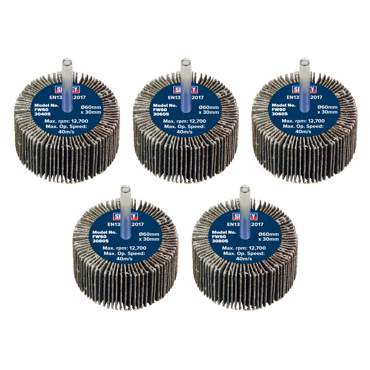 60 x 30mm Abrasive Flap Wheel on 6mm Shaft Assorted Grit - Pack of 5