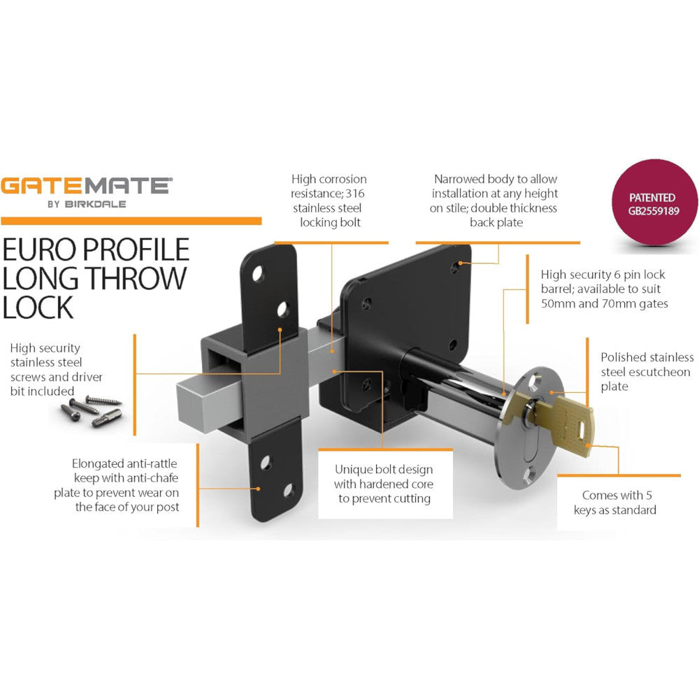 Gatemate Euro Profile Long Throw Lock Gate Shed Door Security Bolt  Black & Stainless Steel