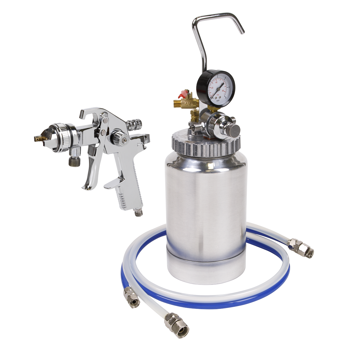 Sealey HVLP Pressure Pot System with Spray Gun & Hoses 1.7mm Set-Up - B