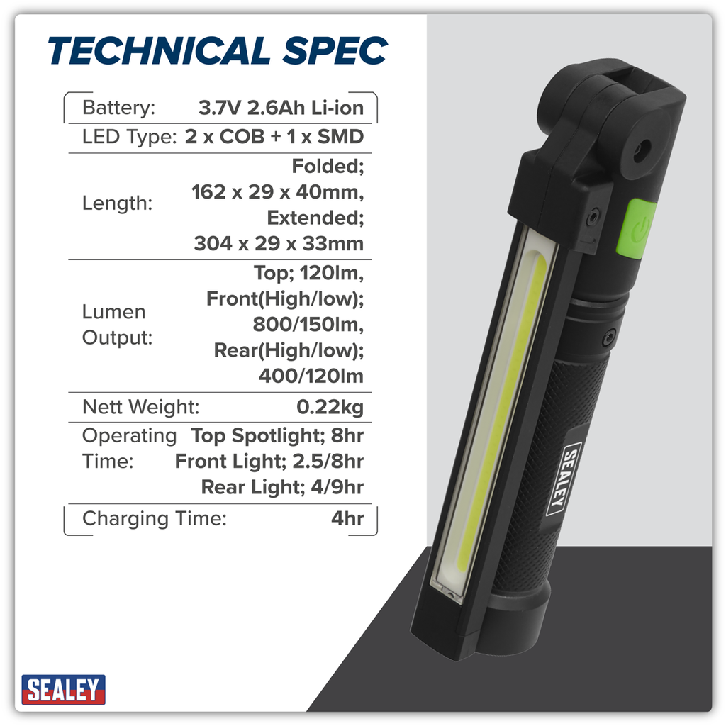 Rechargeable Aluminium Folding Pocket Light 2 COB & 1 SMD LE