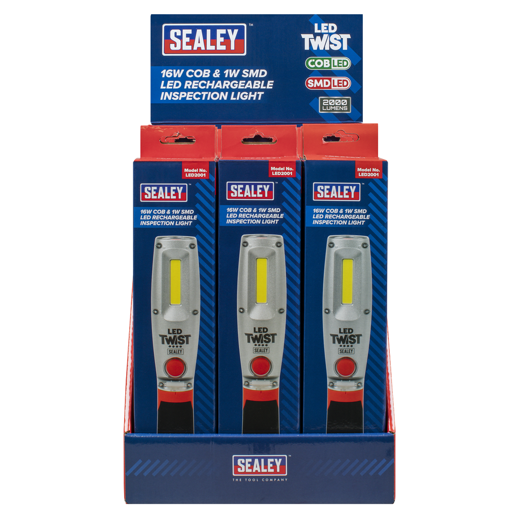 LED Twist Rechargeable Inspection Light 16W COB & 1W SMD LED - Display Box of 12