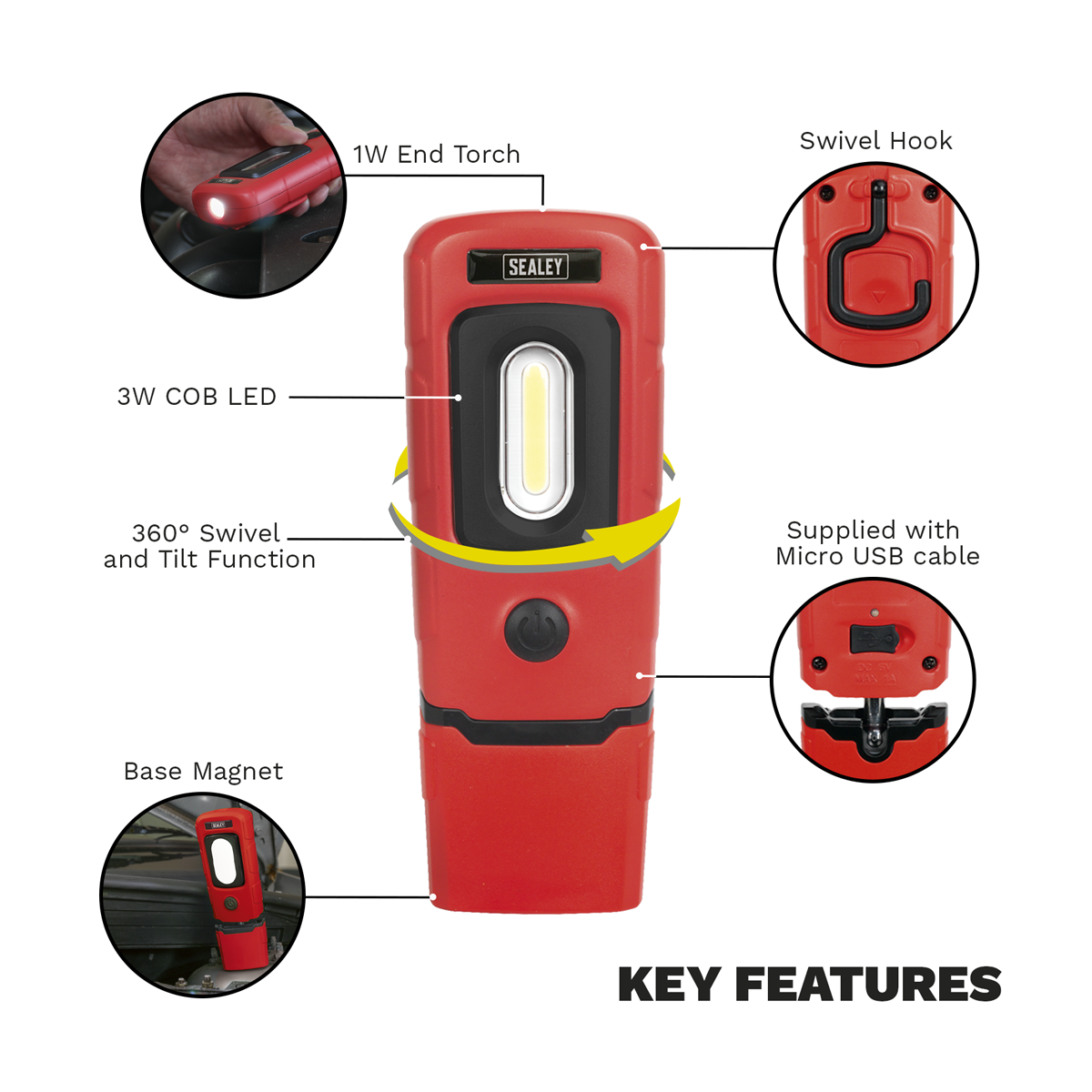Rechargeable 360° Inspection Light 3W COB & 1W SMD LED - Red