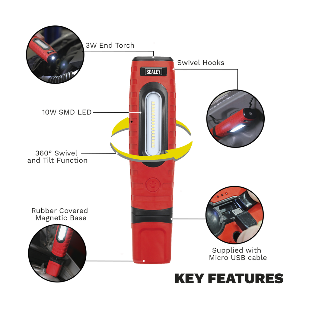 Rechargeable 360° Inspection Light 10W & 3W SMD LED - Red