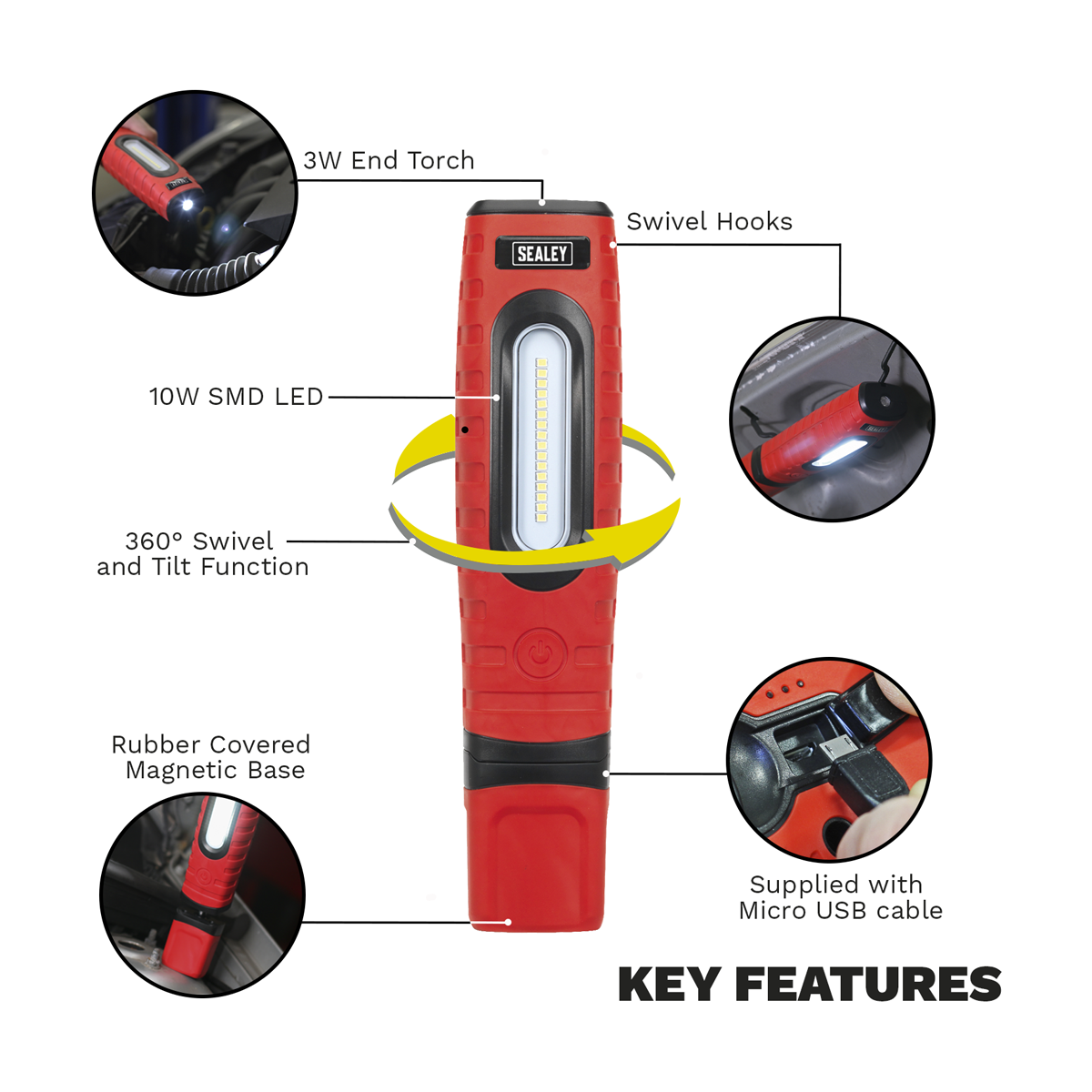 Rechargeable 360° Inspection Light 10W & 3W SMD LED - Red