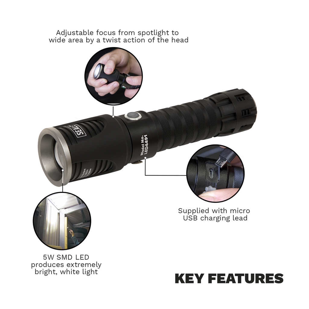 Rechargeable Aluminium Torch with Adjustable Focus 5W SMD LE