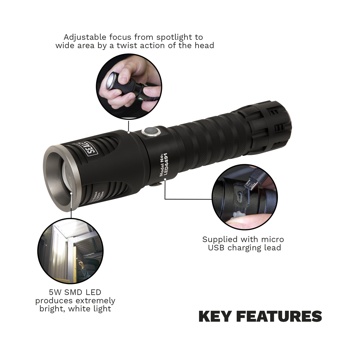Rechargeable Aluminium Torch with Adjustable Focus 5W SMD LE