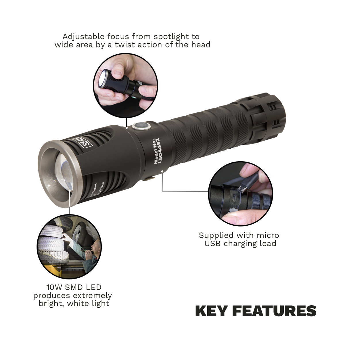 Rechargeable Aluminium Torch with Adjustable Focus 10W SMD L