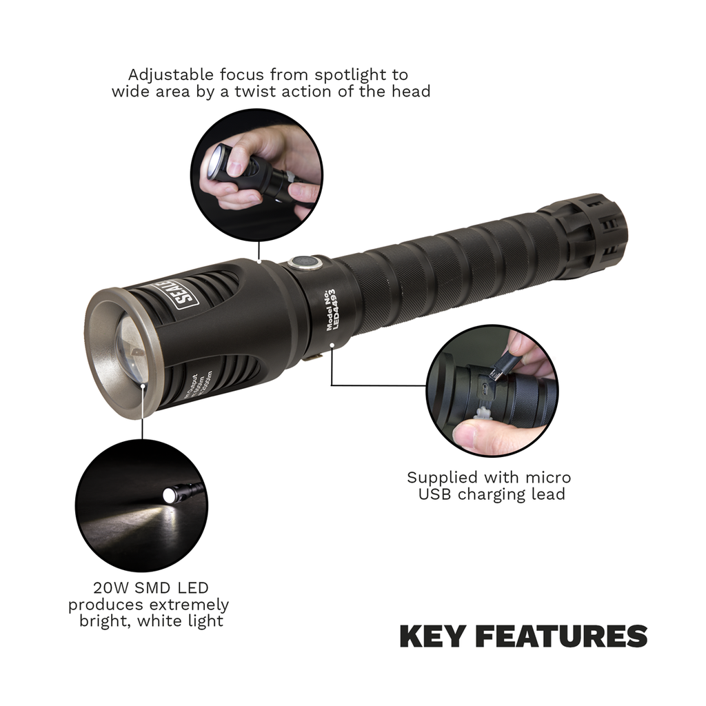 Rechargeable Aluminium Torch with Adjustable Focus 20W SMD L
