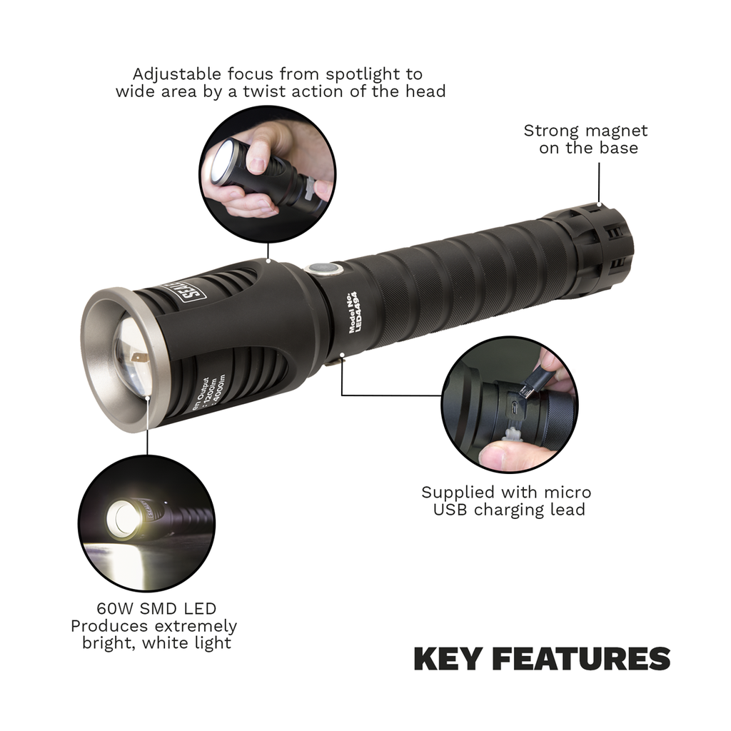 Rechargeable Aluminium Torch with Adjustable Focus 60W COB L