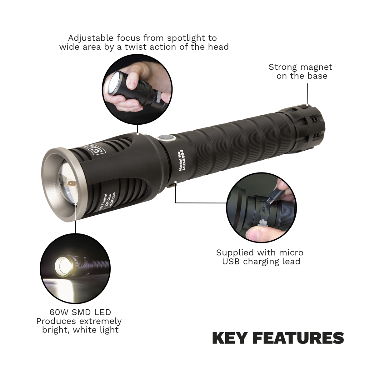 Rechargeable Aluminium Torch with Adjustable Focus 60W COB L