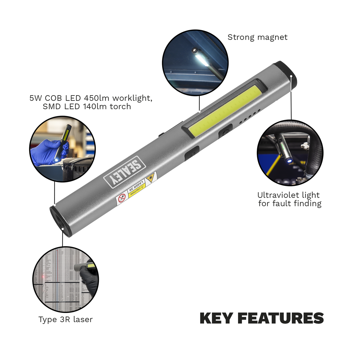 Rechargeable UV Penlight Torch with Laser Pointer 5W COB & 3