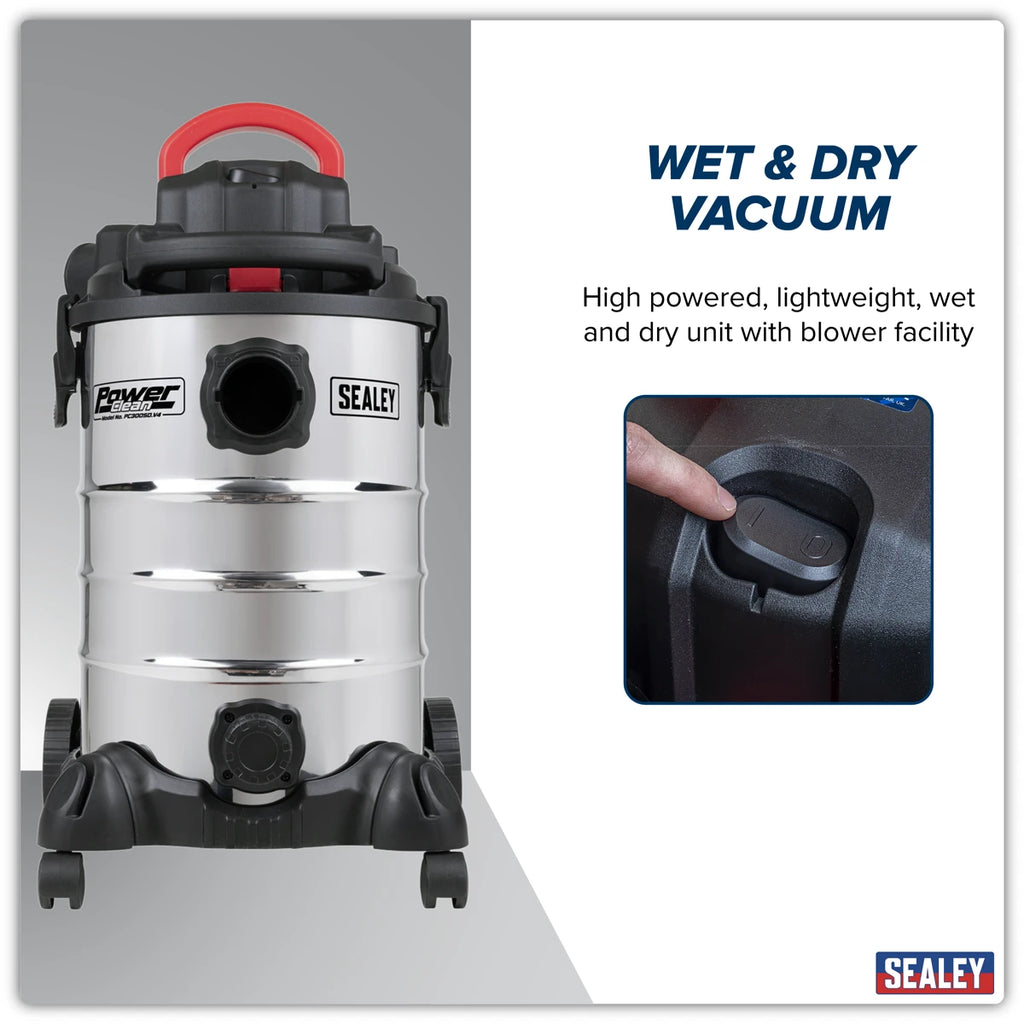 30L Vacuum Cleaner Wet & Dry with Stainless Steel Drum & Detachable Leaf Blower 1200W/230V