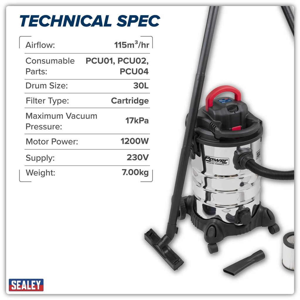 30L Vacuum Cleaner Wet & Dry with Stainless Steel Drum & Detachable Leaf Blower 1200W/230V