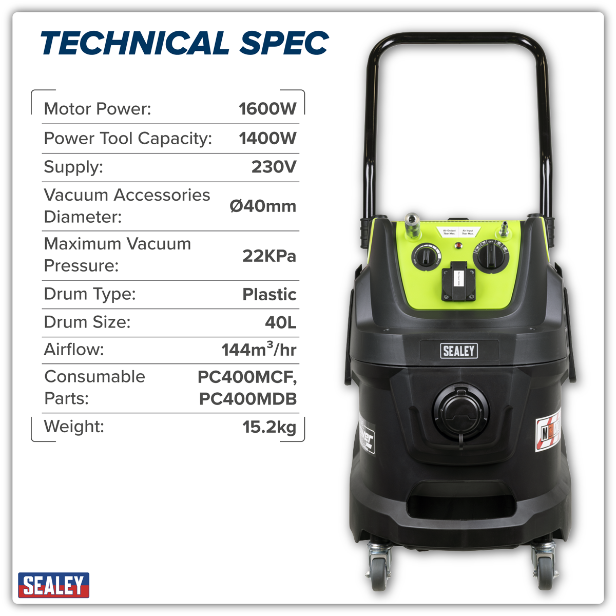 M Class Dust-Free Industrial Wet & Dry Vacuum Cleaner 40L with Autostart 1600W/230V