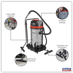 100L Vacuum Cleaner Wet & Dry with Stainless Steel Drum 3000W/230V
