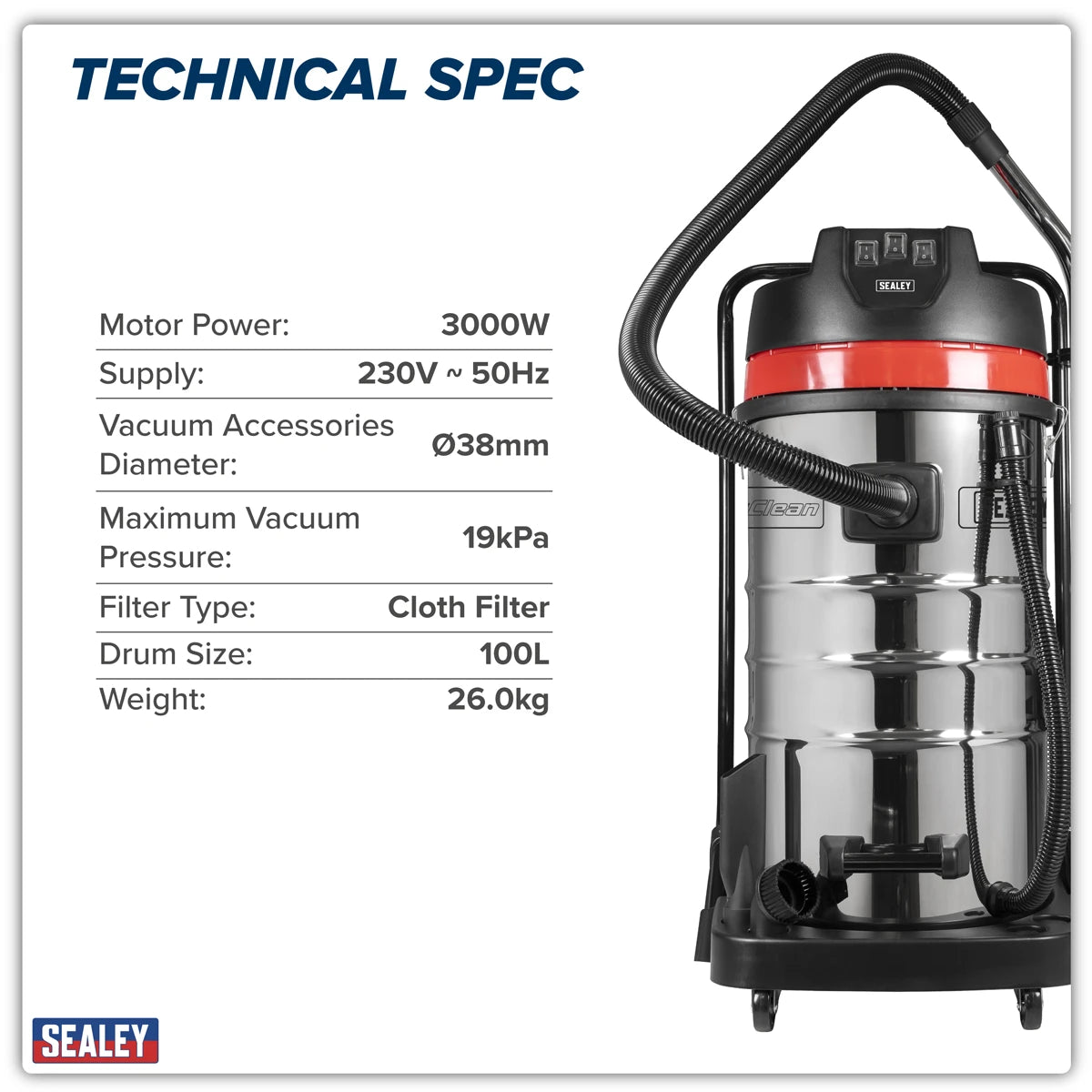100L Vacuum Cleaner Wet & Dry with Stainless Steel Drum 3000W/230V