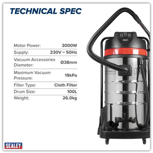 100L Vacuum Cleaner Wet & Dry with Stainless Steel Drum 3000W/230V