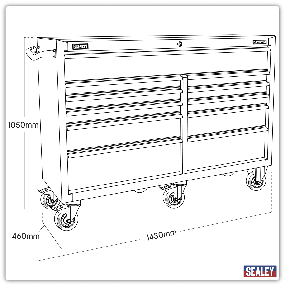 Premier™ Heavy-Duty Extra-Wide Rollcab 1430mm, 11 Drawer, Black (PTB143011)